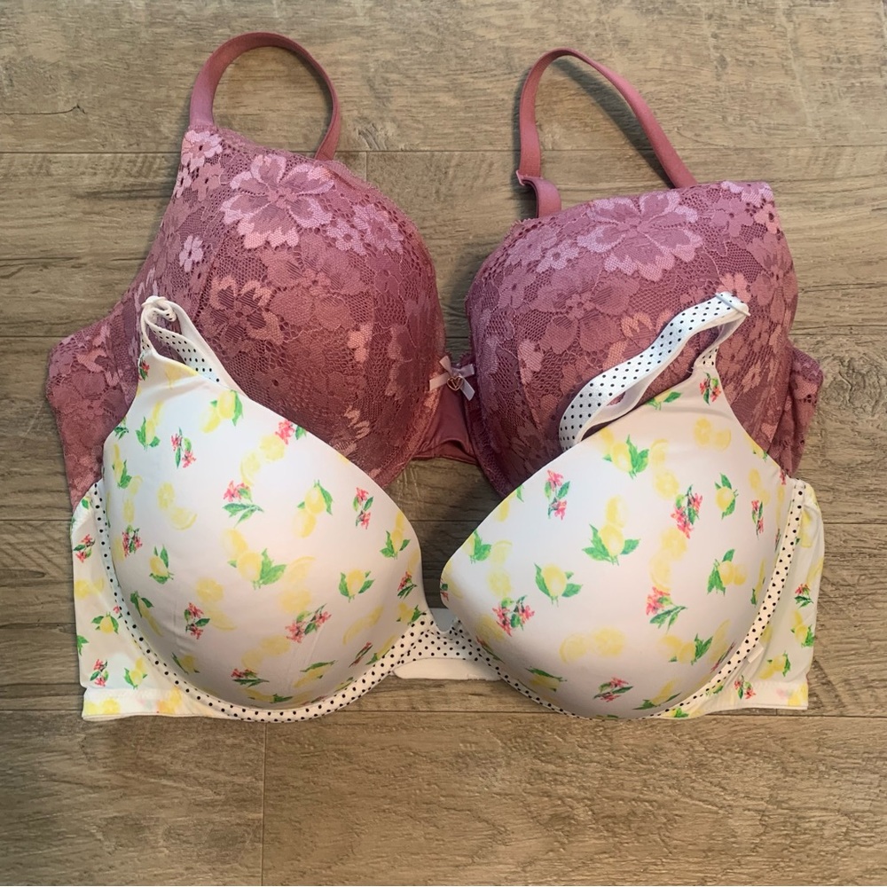 Victoria Secret Bundle 2 Bras Lace Perfect Shape Lemon Print Push Up - Picture 1 of 13